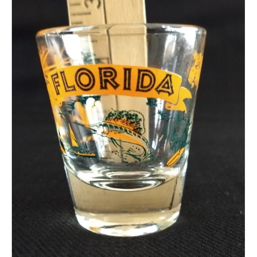 Florida Souvenir Shot Glasses Vtg Carrib Set of 4 Original Box Marlin Sunshine